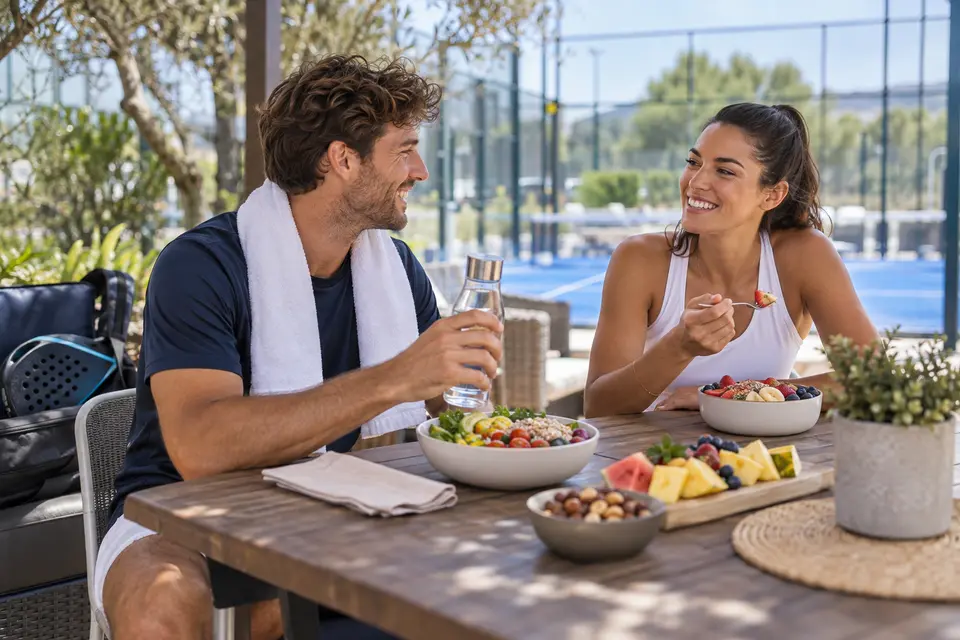 Scène illustrative d'amis dégustant des plats frais après le padel